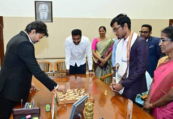 CM Vijay plays chess with Praggnanandhaa, awards Rs 50 lakh