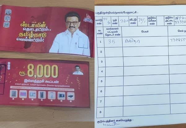 கோவையில் தேர்தல் பறக்கும் படை பறிமுதல் செய்த தி.மு.க. கூப்பன், இலவசப் பொருள் படிவங்கள்