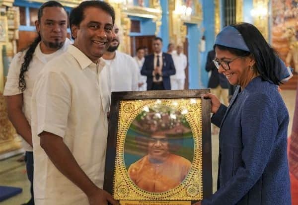 Venezuela interim President Delcy Rodriguez prays at Puttaparthi ashram