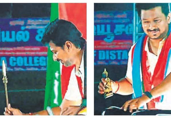 ராமநாதபுரம் பிரசாரத்தில் ‘வேல்’ பரிசை திருப்பி கொடுத்து, புத்தர் சிலையை பெற்ற உதயநிதி