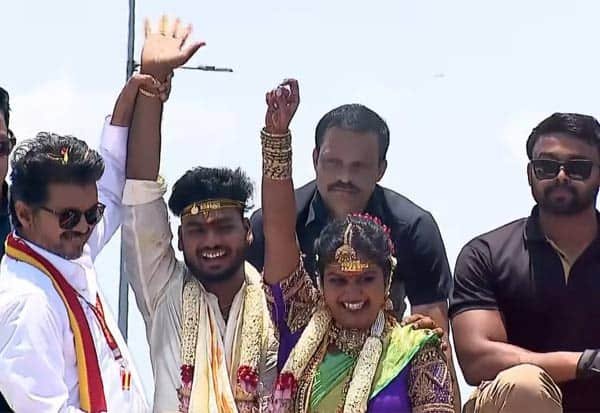 Vijay greets newlyweds during Tiruvallur roadshow as campaign ends